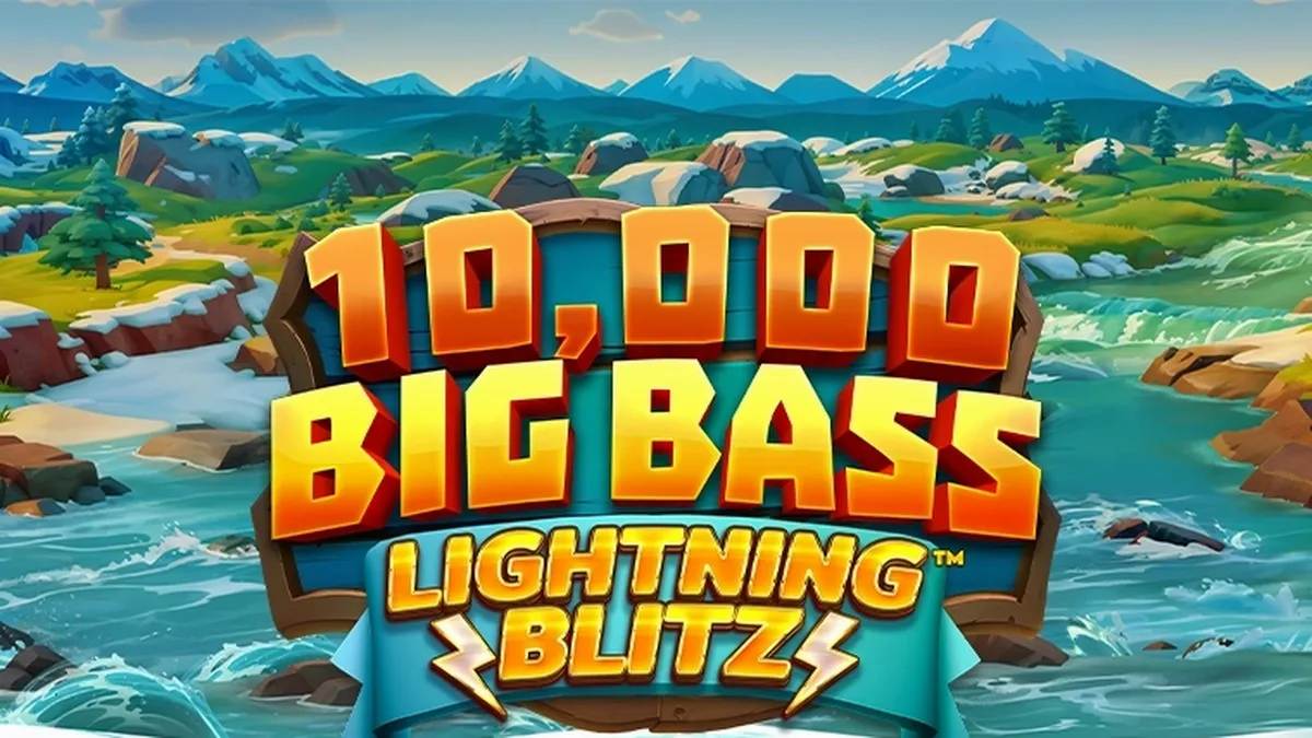 Interface do jogo 10,000 Big Bass Lightning Blitz com tema de pesca e relâmpagos