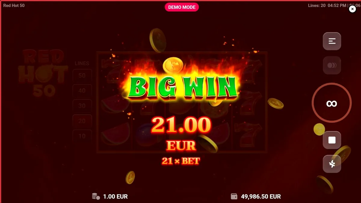 Interface do slot Red Hot 50 com símbolos de frutas e fogo