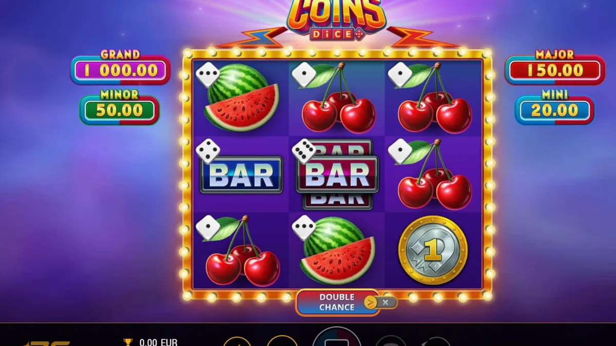 Interface vibrante e metálica do slot Magnetic Coins Dice com moedas brilhantes