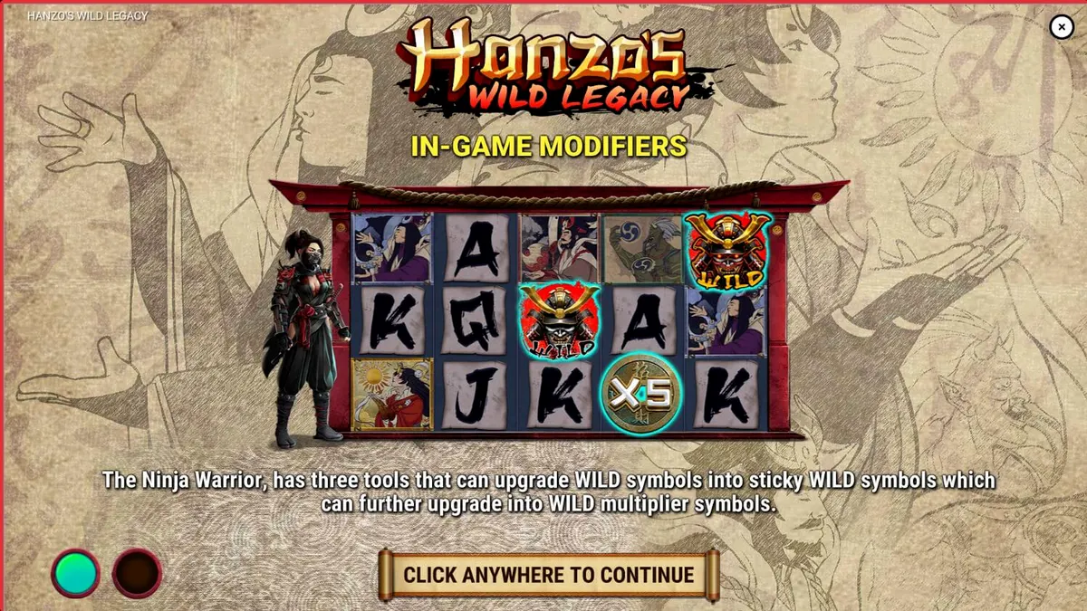 Cena de jogo do slot Hanzo’s Wild Legacy com temática de ninja no Japão feudal